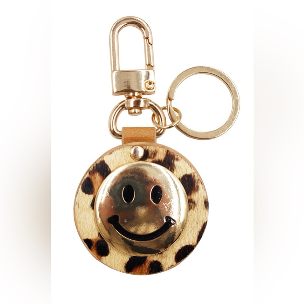 Smiley Face Animal Print Genuine Leather Keychain